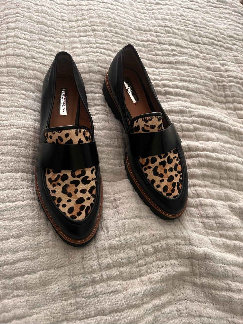 Halogen Black Loafers with Leopard-Print Vamp size 7.5